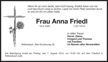 Traueranzeige von Anna Friedl von Pegnitz-Zeitung